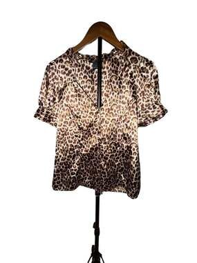 BCBGMAXAZRIA Leopard Satin Button Down Puff Sleeve Blouse Top